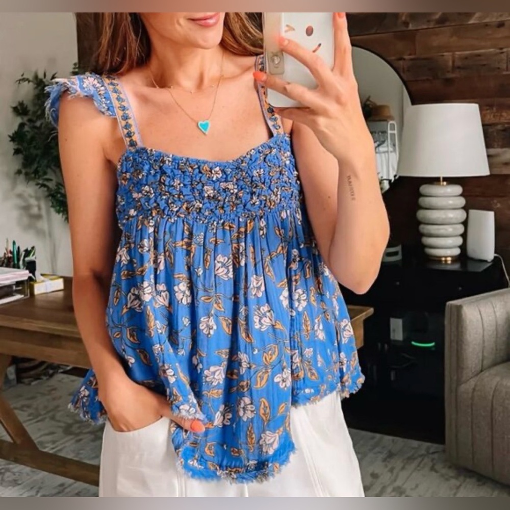 Free People Nala Babydoll Floral Ruffle Strap Blouse in Blue Boho Hippie Small